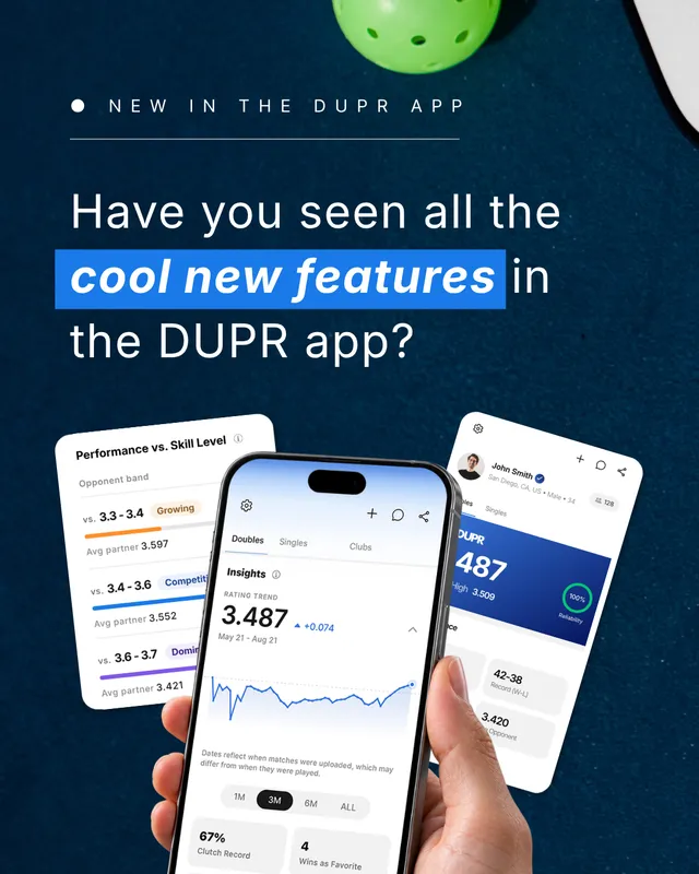Carousel post 1, Have you seen all the cool new features in the DUPR app, with a phone and app cards on a blue court