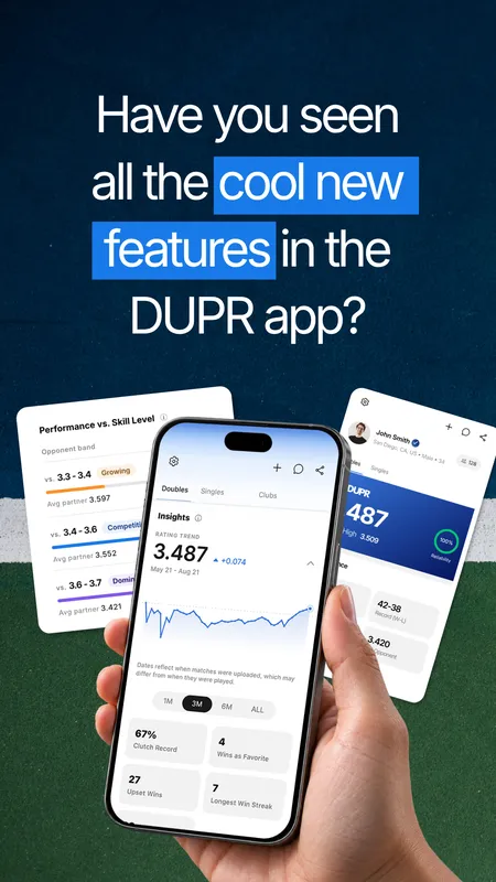 Story, Have you seen all the cool new features in the DUPR app, with a hand holding a phone on a blue court