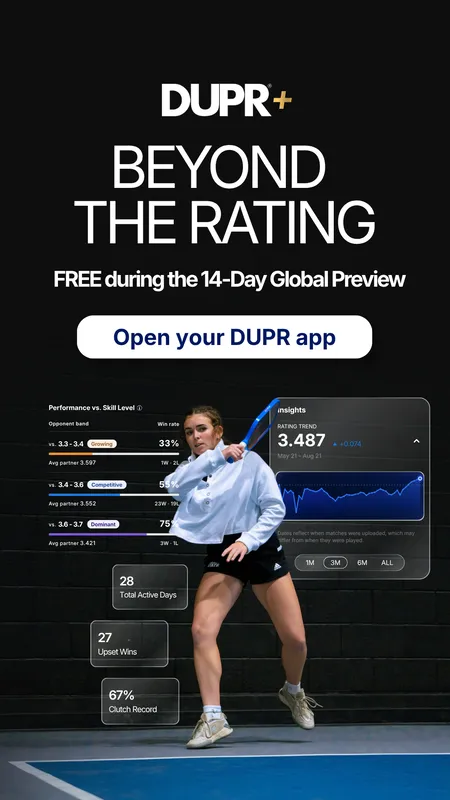 Story, DUPR+ Beyond the Rating, free during the 14-Day Global Preview, with a player lunging and an Open your DUPR app button