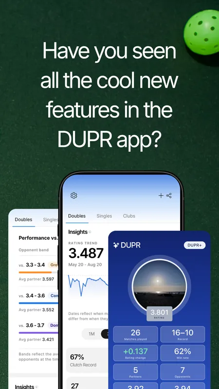 Story, Have you seen all the cool new features in the DUPR app, with a phone showing a profile on a green court with a pickleball