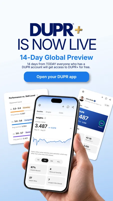 Story, DUPR+ is now live, 14-Day Global Preview, with a hand holding a phone and an Open your DUPR app button