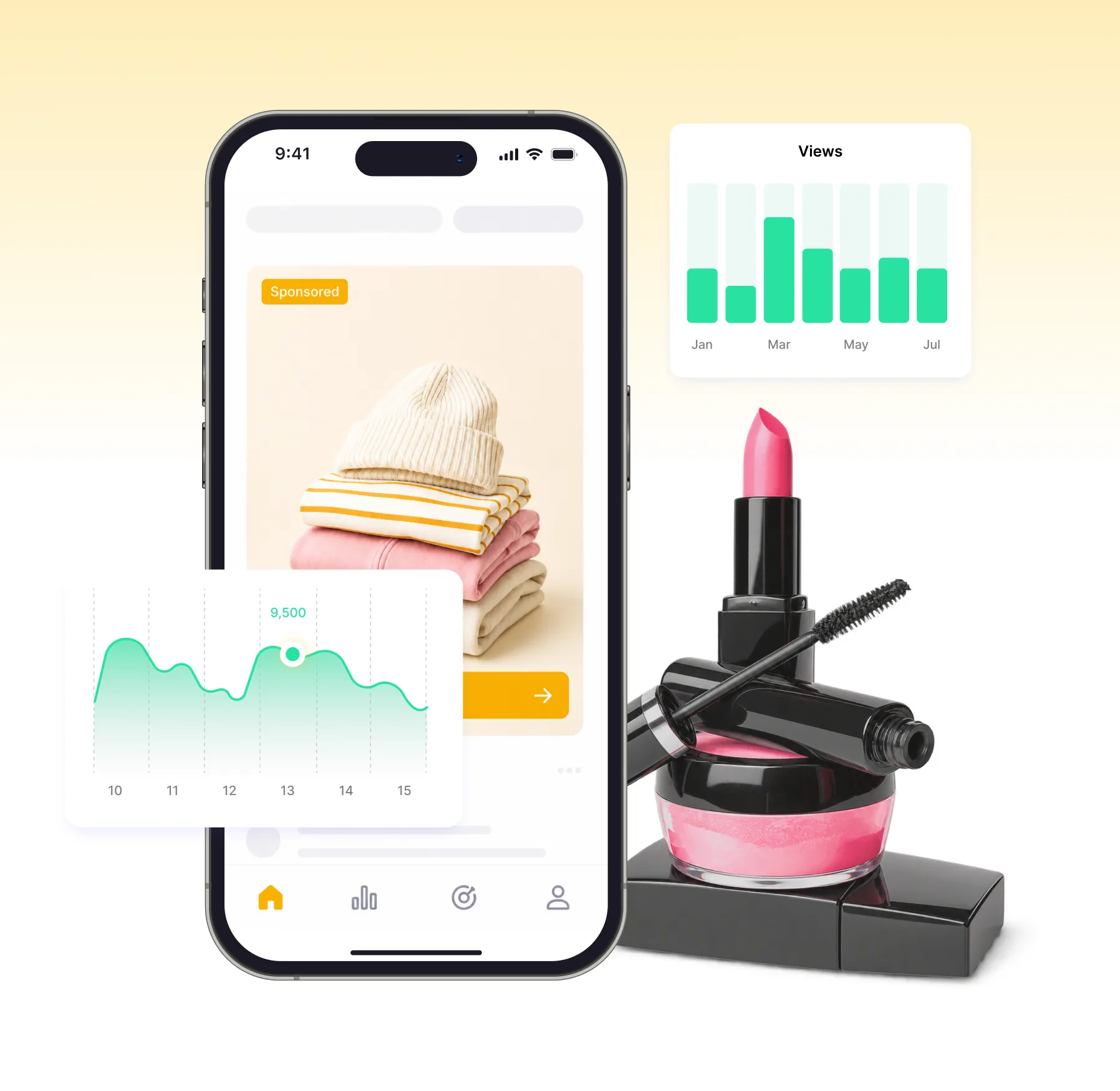 Smartphone screen showing sponsored clothes, with cosmetics and analytics charts floating nearby.