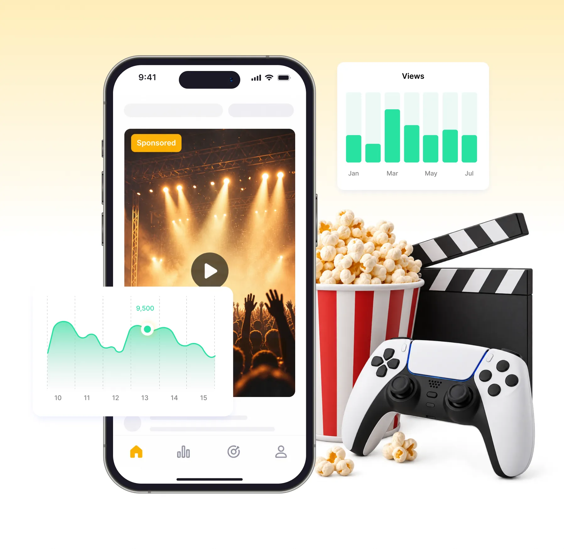 Smartphone screen displaying a sponsored video of a concert with raised hands and stage lights, surrounded by charts of views and data points, a striped bucket of popcorn, a gaming controller, and two clapperboards.