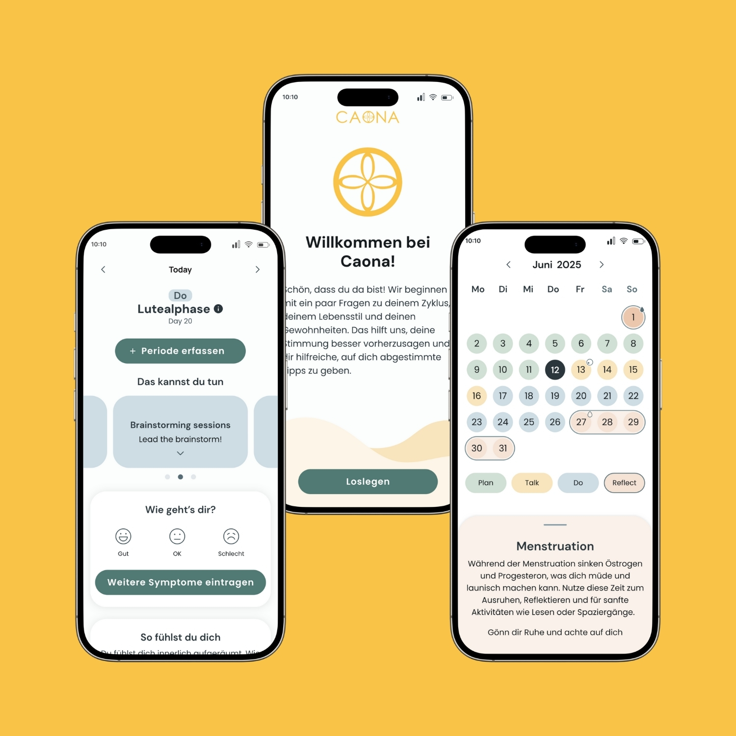 Drei Smartphones mit Caona Health App auf gelbem Hintergrund. Digitale Gesundheit, Zyklustracking, Selfcare, Zyklus App, Periodentracker, Female Health, Frauengesundheit. Hormongesundheit.
