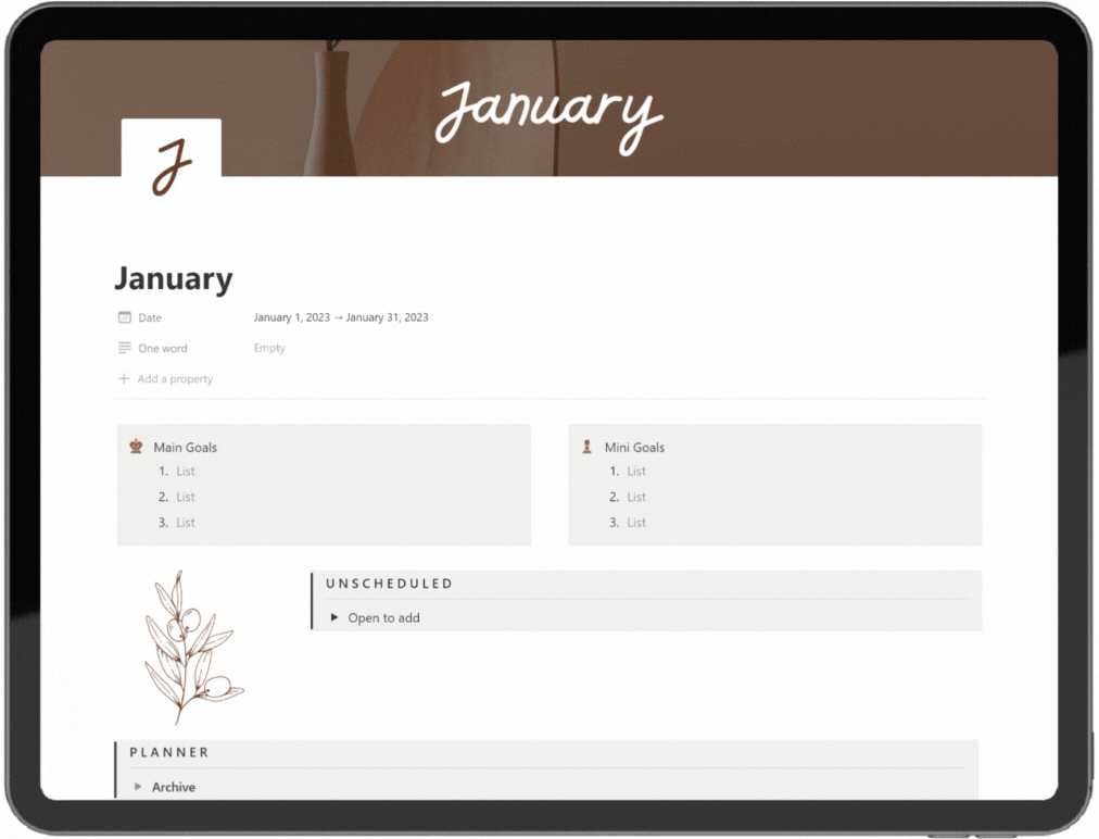 Monthly planner screenshot (january)