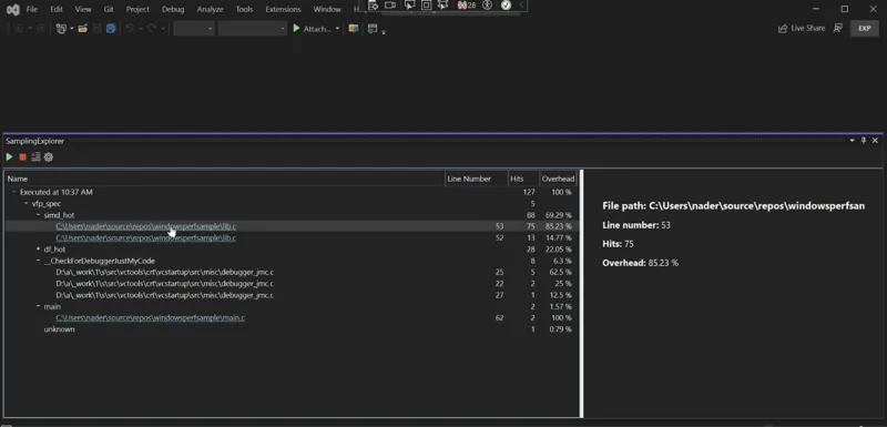 Sampling explorer window for WindowsPerf GUI
