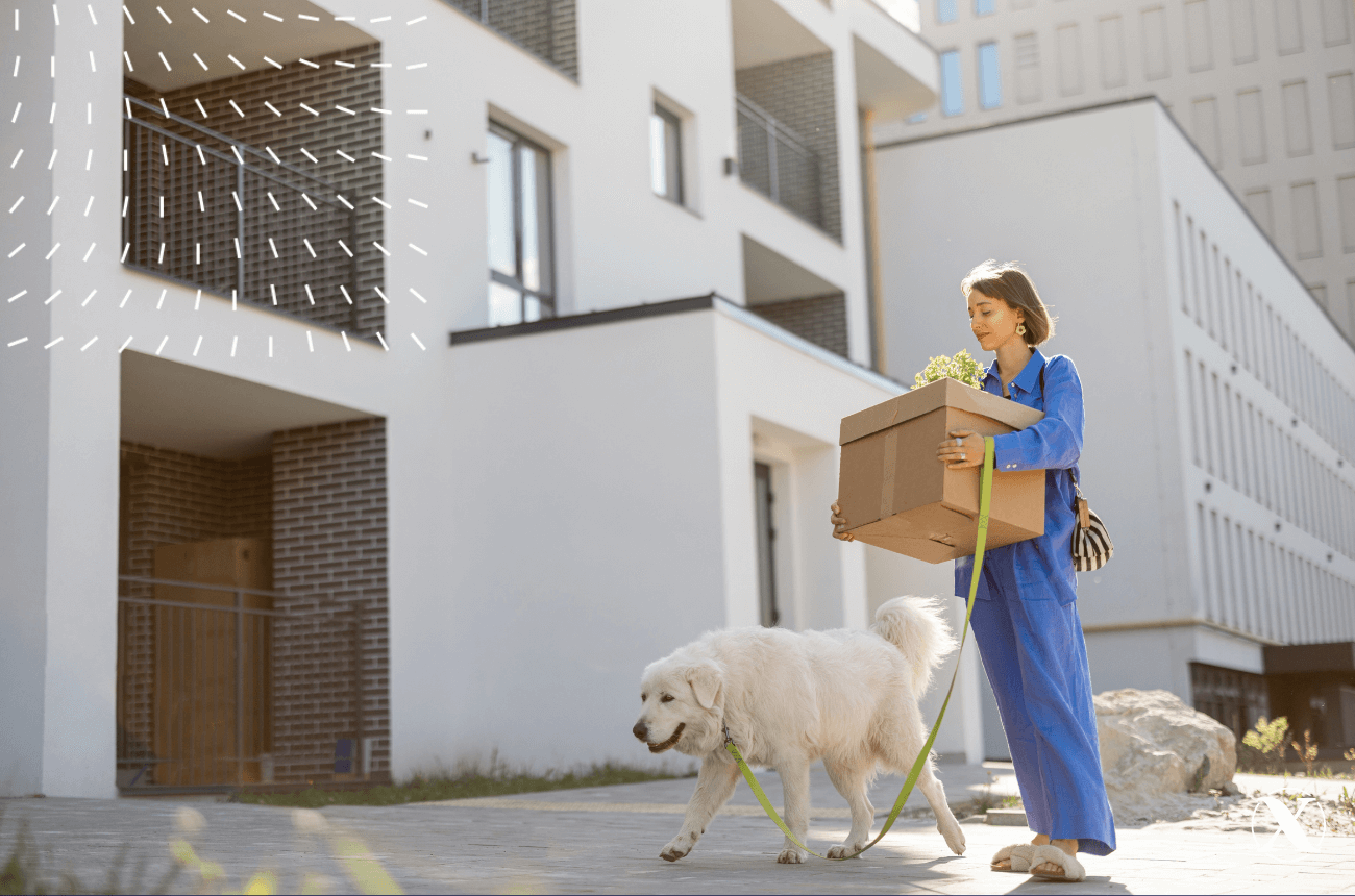 Renter walking her dog by her apartment