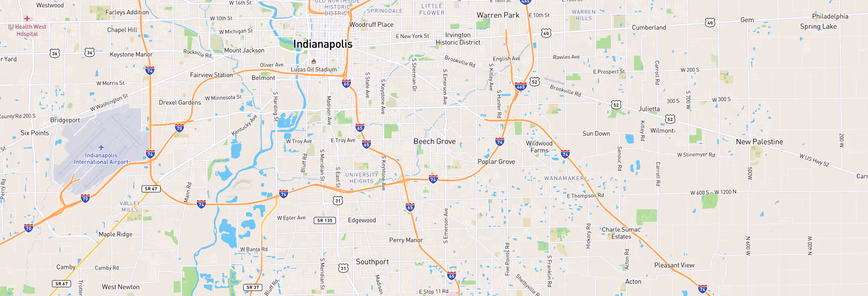 Image of a map of Indianapolis, IN and surrounding areas that are a part of Sam's Roadside Services company service areas.