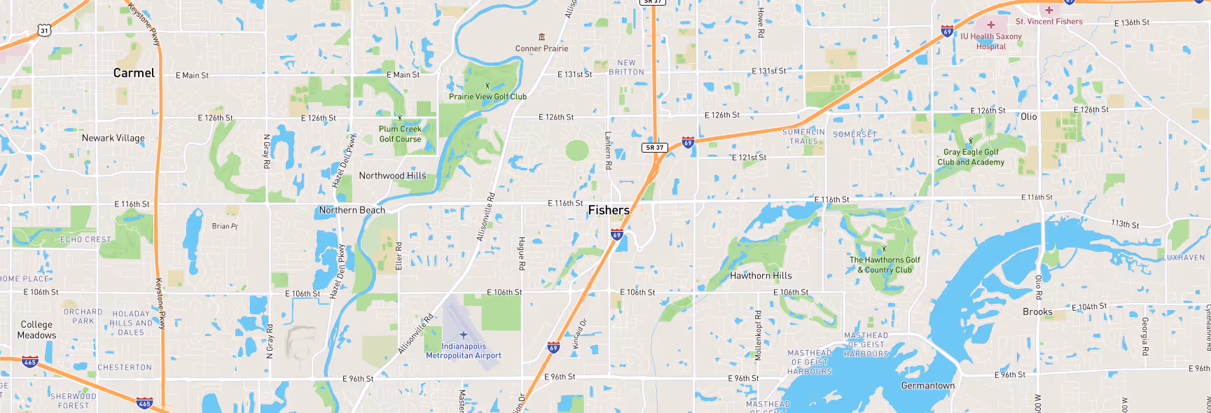 Image of a map of Indianapolis, IN and surrounding areas that are a part of Sam's Roadside Services company service areas.