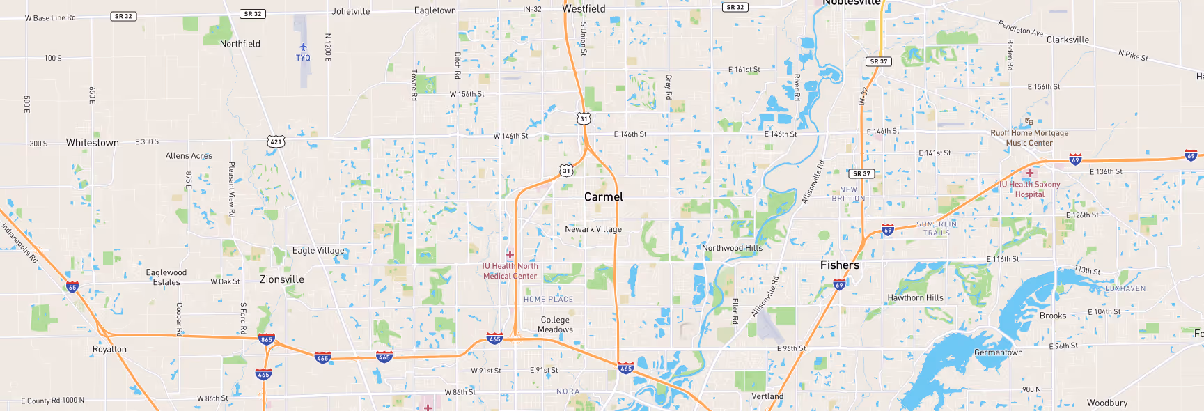 Image of a map of Indianapolis, IN and surrounding areas that are a part of Sam's Roadside Services company service areas.