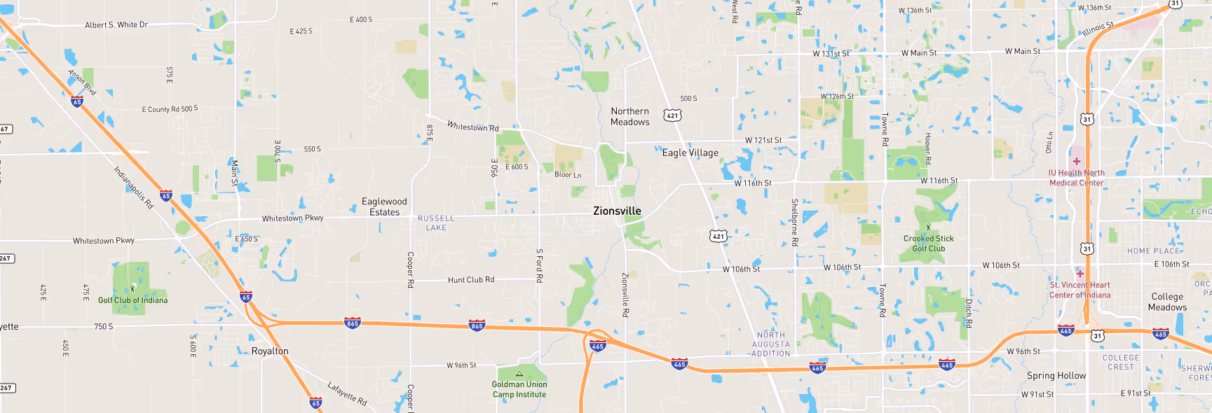 Image of a map of Indianapolis, IN and surrounding areas that are a part of Sam's Roadside Services company service areas.