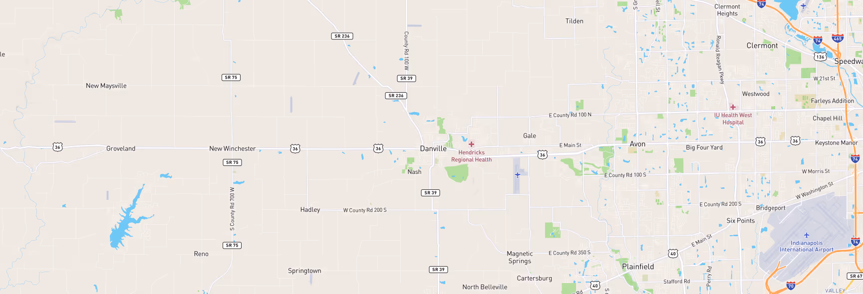 Image of a map of Indianapolis, IN and surrounding areas that are a part of Sam's Roadside Services company service areas.