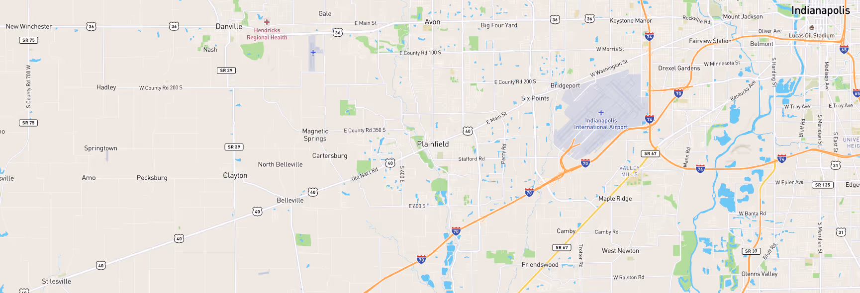 Image of a map of Indianapolis, IN and surrounding areas that are a part of Sam's Roadside Services company service areas.