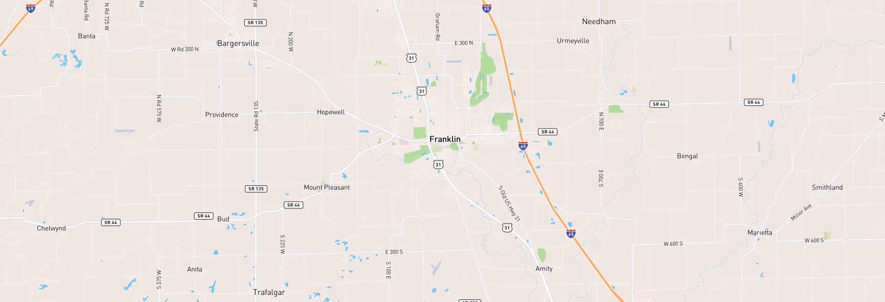 Image of a map of Indianapolis, IN and surrounding areas that are a part of Sam's Roadside Services company service areas.