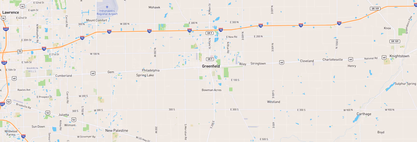 Image of a map of Indianapolis, IN and surrounding areas that are a part of Sam's Roadside Services company service areas.