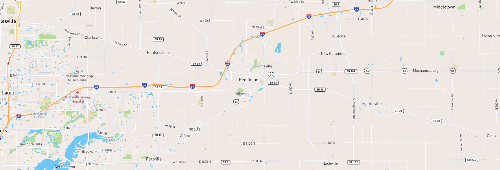 Image of a map of Indianapolis, IN and surrounding areas that are a part of Sam's Roadside Services company service areas.