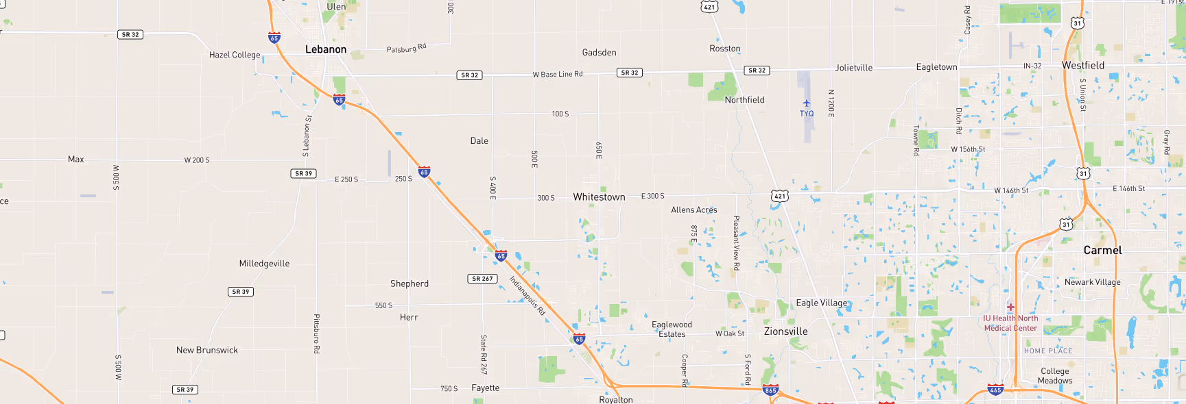 Image of a map of Indianapolis, IN and surrounding areas that are a part of Sam's Roadside Services company service areas.