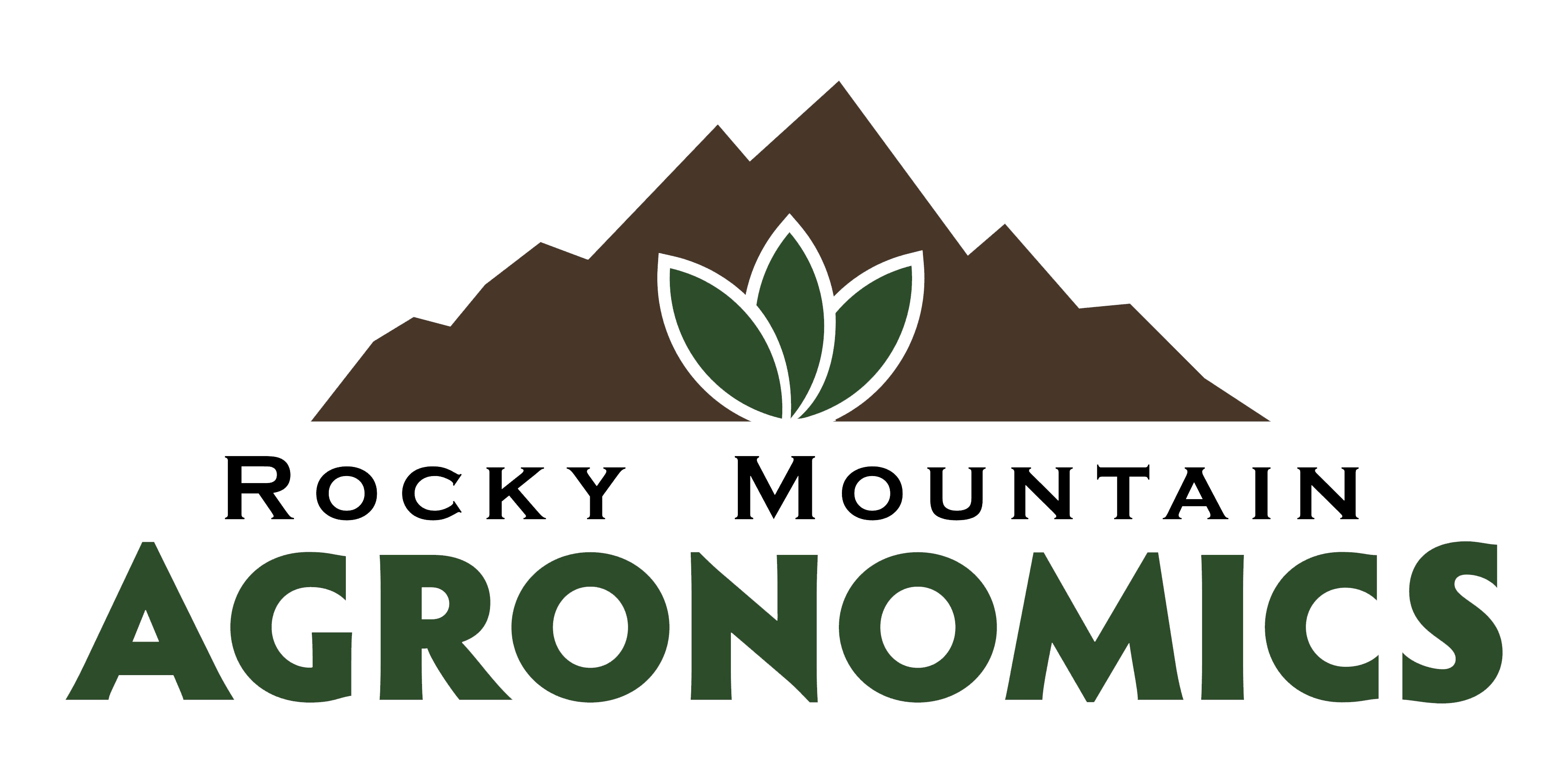 Logo with brown mountains and three green leaves above the words Rocky Mountain Agronomics.