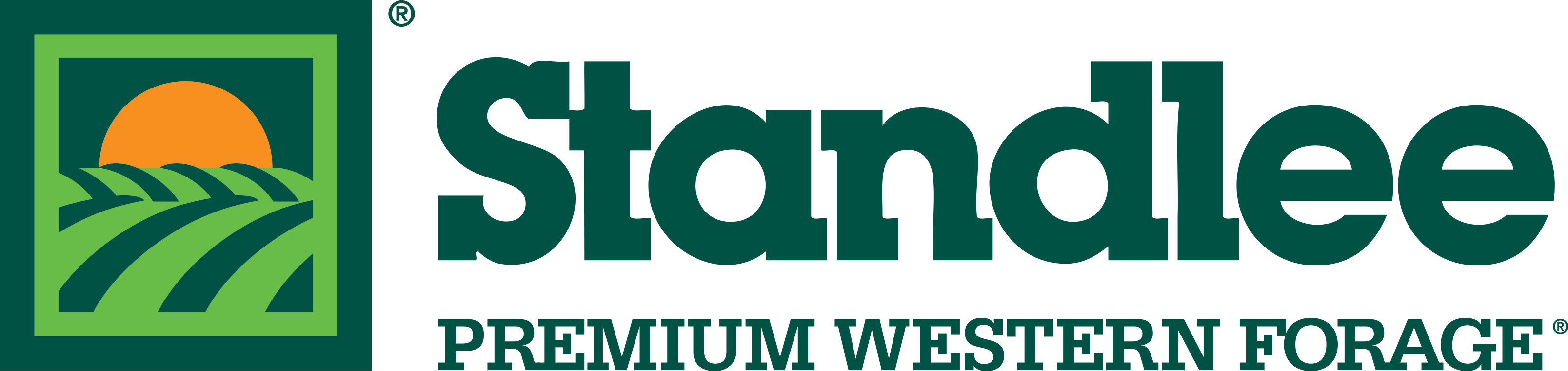 Standlee logo with stylized green fields and orange sun above text 'Standlee Premium Western Forage'.