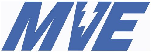 Blue stylized letters 'MVE' with a lightning bolt integrated in the letter 'V'.