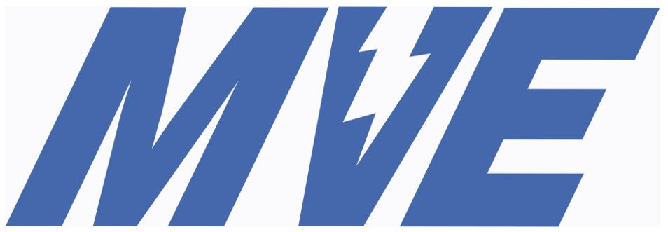 Blue stylized letters 'MVE' with a lightning bolt integrated in the letter 'V'.