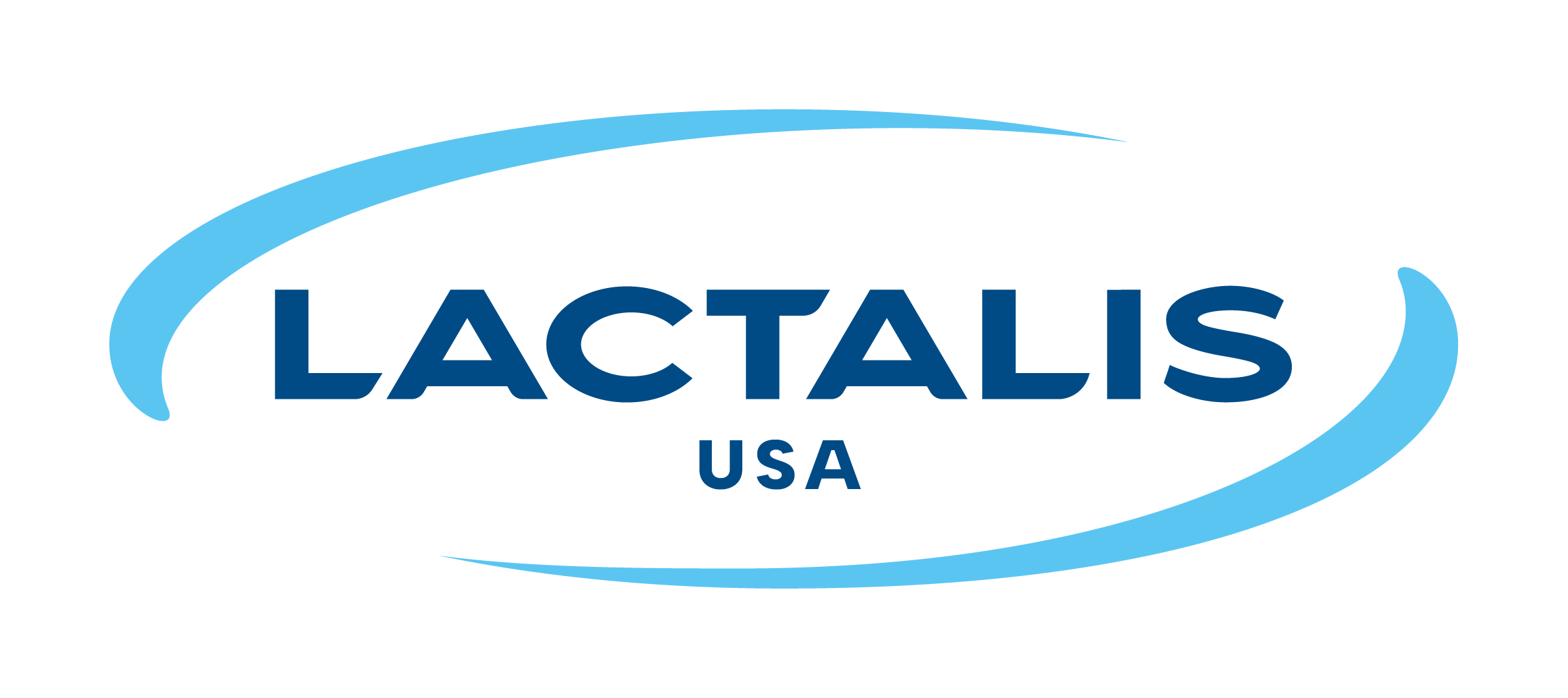 Lactalis USA logo with blue text and a light blue elliptical swoosh surrounding it.
