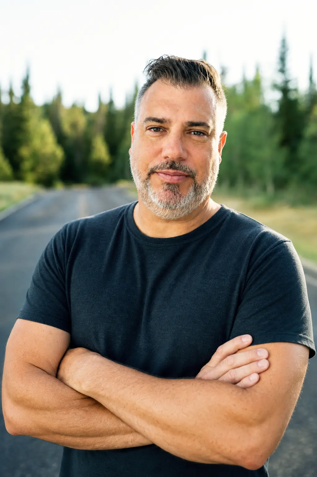 Man with short hair and beard wearing a black t-shirt stands on a road with trees in background.