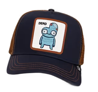 Black and brown trucker hat with a cartoon blue character wearing glasses and a patch that reads 'DERD'.