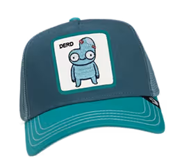 Teal and dark gray baseball cap with a patch featuring a quirky blue cartoon monster labeled 'DERD'.