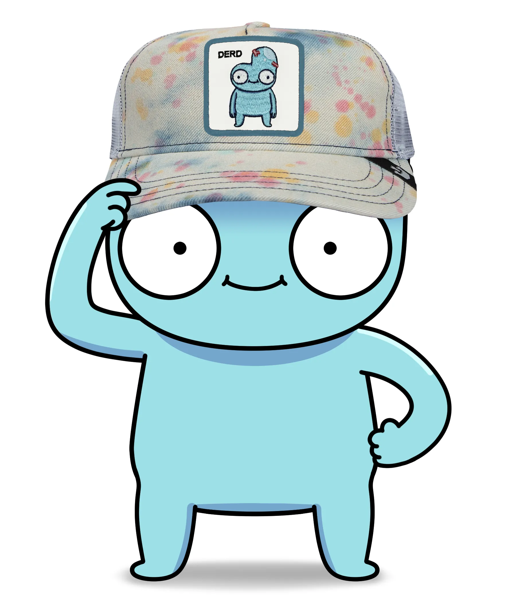 Cute blue cartoon character with big eyes wearing a tie-dye trucker hat featuring a patch with a small blue creature labeled 'DERD'.