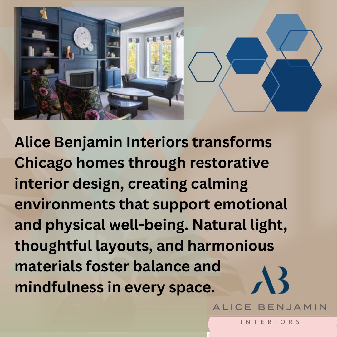 List of restorative interior design elements: natural light, soft neutrals, personal objects, functional layouts, layered textures. Alice Benjamin Interiors logo.