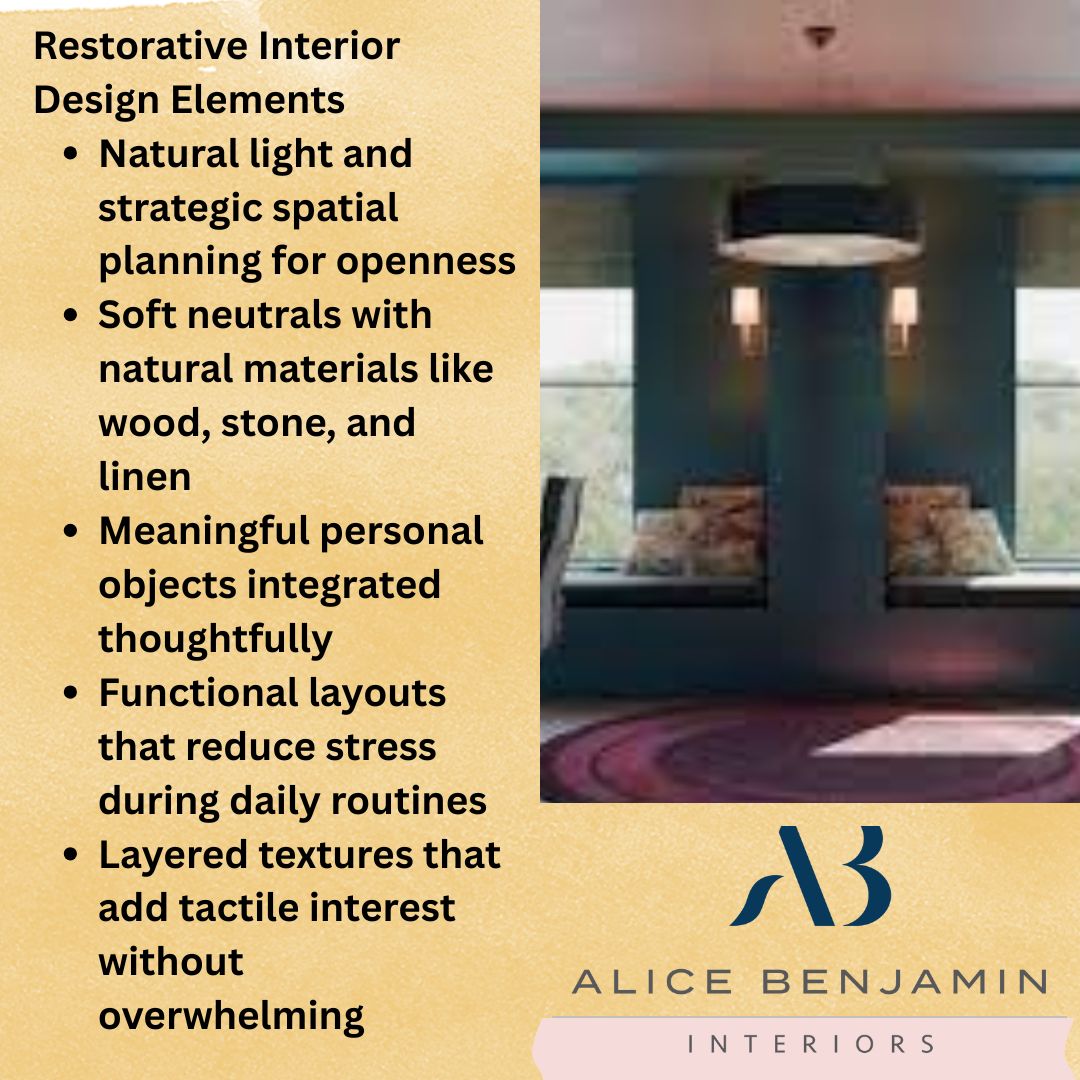 Living room image with corresponding color palette swatches. Text discusses how refined color palettes shape mood and daily experience. Alice Benjamin Interiors logo.