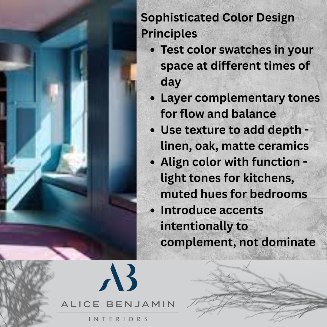 Blue living room photo with honeycomb graphic. Text describes Alice Benjamin Interiors transforming Chicago homes with restorative design, fostering balance and mindfulness. 