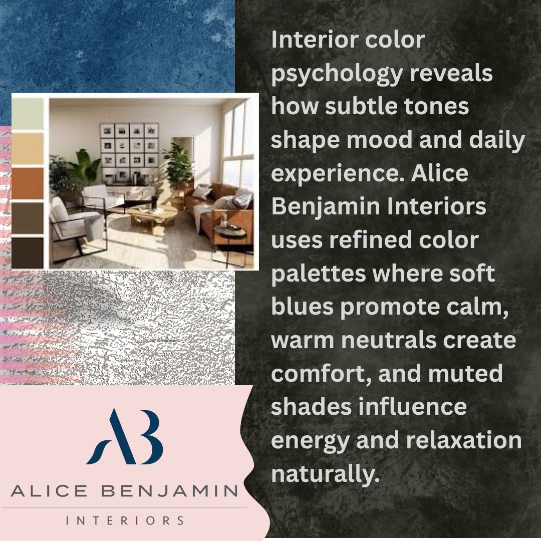 Blue interior nook with text listing sophisticated color design principles: testing swatches, layering tones, using texture, aligning color with function. Alice Benjamin Interiors logo.