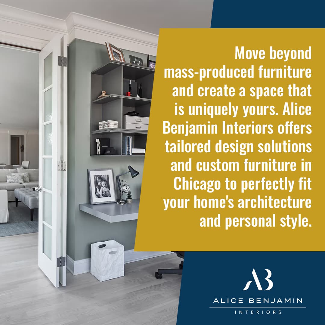 Contemporary home office designed by Alice Benjamin Interiors with custom shelving, minimalist desk, and soft green wall tones.