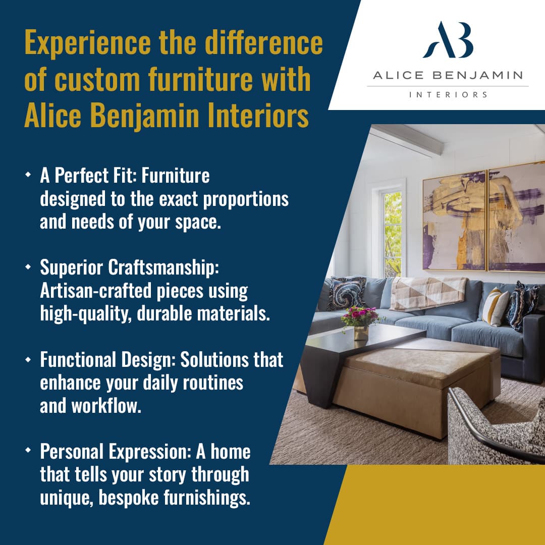 Living room with modern custom furniture designed by Alice Benjamin Interiors featuring a sectional sofa, coffee table, and abstract wall art.