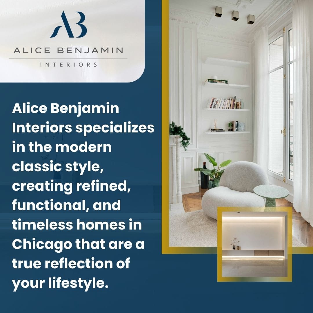 Promotional graphic for Alice Benjamin Interiors featuring the company logo, a text description of their modern classic design services, and photos of elegant, minimalist interior spaces with white walls, built-in shelving, and soft, modern furniture.