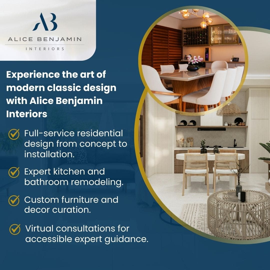 Marketing graphic for Alice Benjamin Interiors featuring the company logo, a list of interior design services, and photos of elegant dining and living spaces with warm modern classic styling.