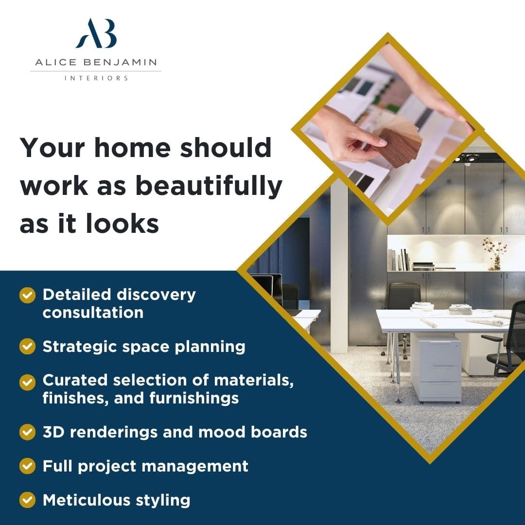 Interior designer reviewing material samples and workspace planning for a functional Chicago home.