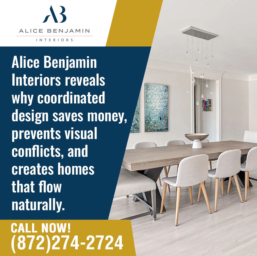 A beautifully designed dining room with a neutral color palette, elegant chandelier, and artwork, showcasing the benefits of coordinated design by Alice Benjamin Interiors.
