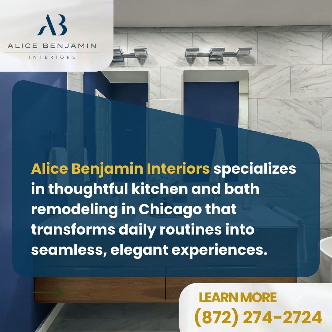 A stylish home office designed by Alice Benjamin Interiors, featuring a dark blue accent wall, built-in bookshelves, and a comfortable seating area.