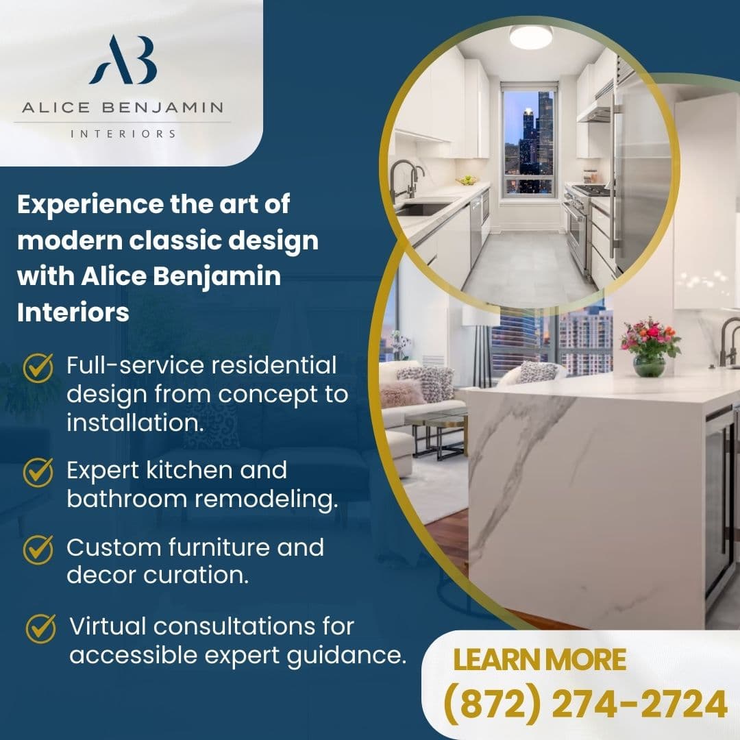 Promotional graphic from Alice Benjamin Interiors listing their services: full-service residential design, expert kitchen and bathroom remodeling, custom furniture and decor curation, and virtual consultations.