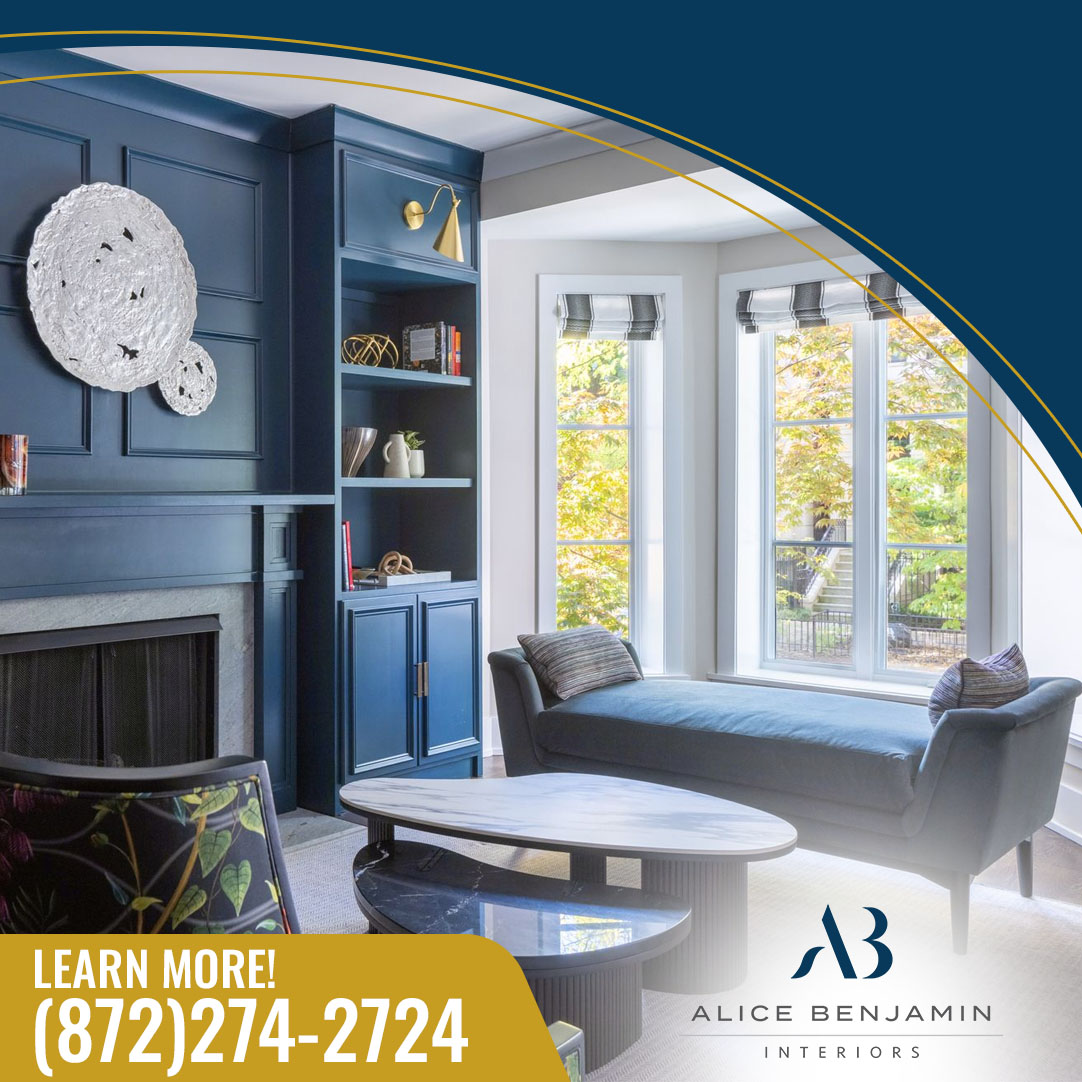 modern luxury living room with blue built-in shelves and large windows