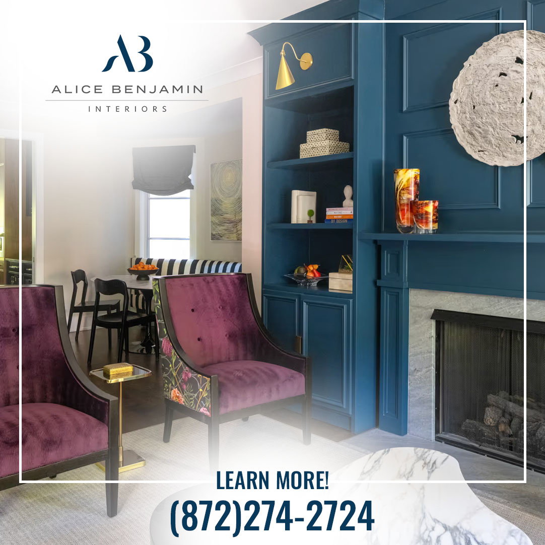 modern living room with blue built-in shelving, fireplace, and accent chairs