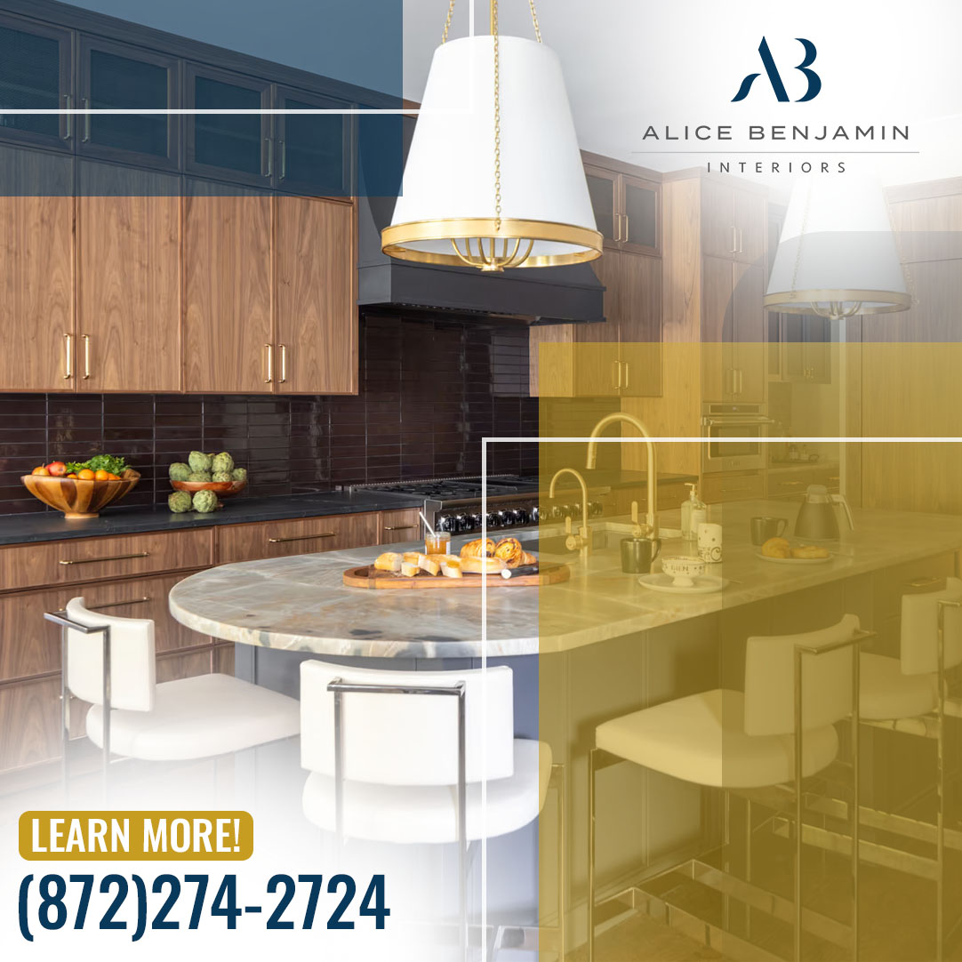 modern kitchen with wood cabinetry, marble island, and gold pendant lighting
