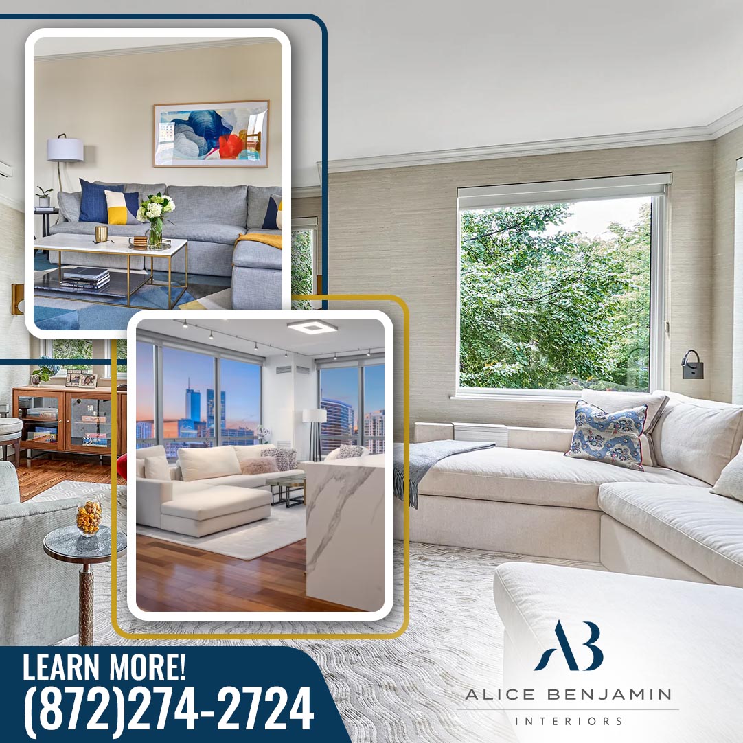 Bright contemporary living room featuring a large sectional sofa, natural light, custom furnishings, and examples of professionally designed interior spaces.