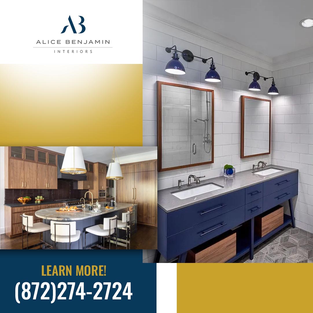 Designer kitchen with warm wood cabinetry and a contemporary bathroom featuring a blue double vanity, custom lighting, and modern finishes.