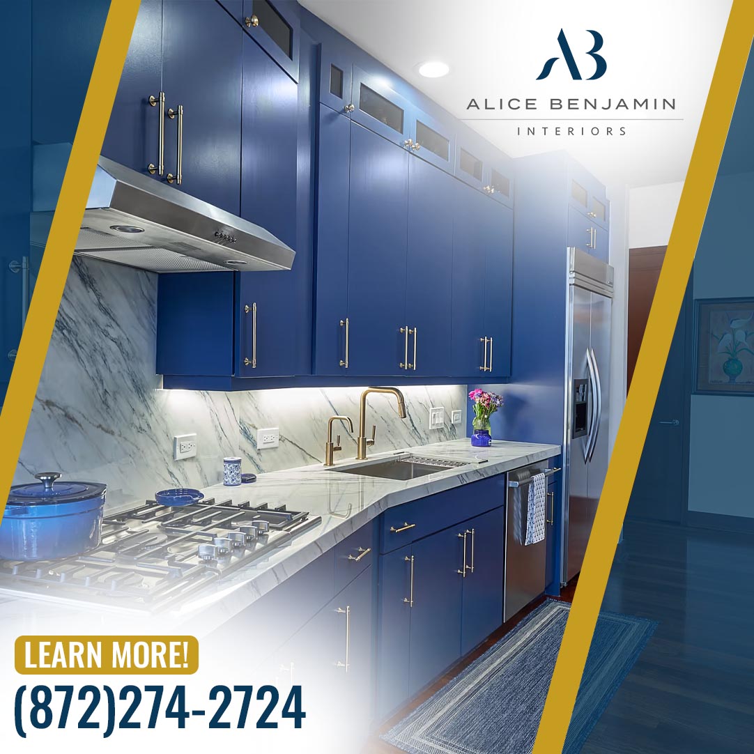 A promotional graphic for Alice Benjamin Interiors showing a luxury kitchen with vibrant cobalt blue cabinetry, white marble countertops, gold hardware, and a stainless steel range hood. 