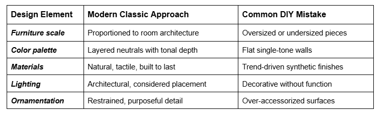 Compare the key differences between professional modern classic interior design and common DIY decorating mistakes. Learn how furniture scale, color, materials, lighting, and thoughtful details create a timeless, cohesive home.