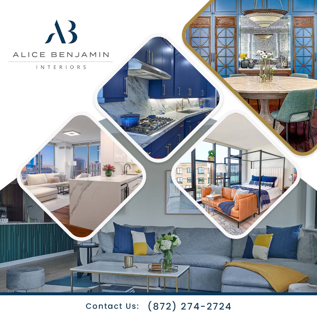 A collage featuring luxury interior design projects by Alice Benjamin Interiors, including a blue kitchen, living room, dining area, and bedroom.